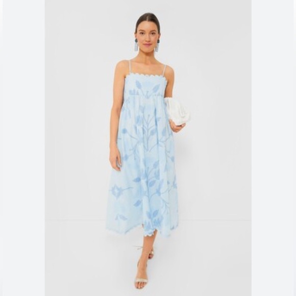 JULIET DUNN Scalloped Floral Cotton Midi Dress In Blue NWT - Picture 4 of 11